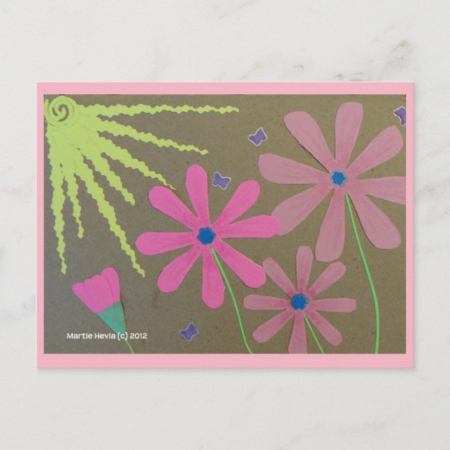 Cartão Postal Sol e Flores Rosa | Cartão-postal Blue Beach™ (Frente)