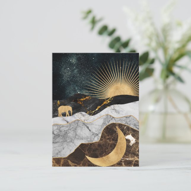 Cartão Postal Sol e Lua ouro com Elefante em Marble Cosmic (Em pé/Frente)