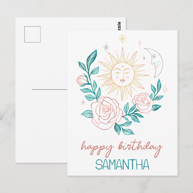 Cartão Postal Sol Lua & Rosas Boho Mágico ANIVERSÁRIO COM NOME P (Frente/Verso)