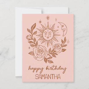 Cartão Postal Sol Lua & Rosas Boho Mágico ANIVERSÁRIO NOME PERSO