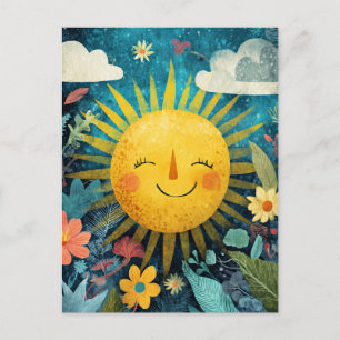 Cartão Postal Sol Sorridente Colorido Sobre Flores Bonitas