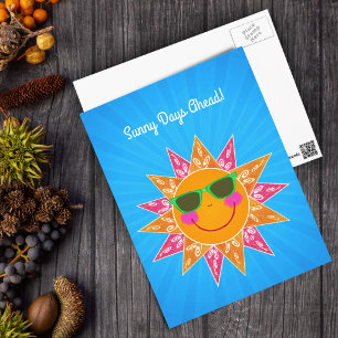 Cartão Postal Sol Sorridente Com Óculos Laranja Raios Rosa Azul