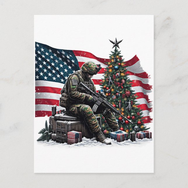 Cartão Postal Soldado Americano Bandeira Arte de Natal (Frente)