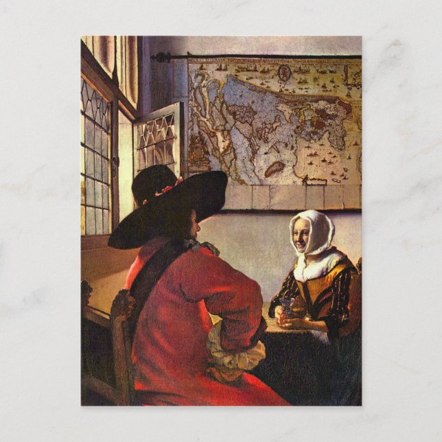 Cartão Postal Soldado e menina sorrindo de Johannes Vermeer (Frente)