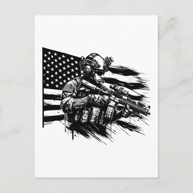 Cartão Postal Soldado Militar Americano Bandeira Arte Patriótica (Frente)