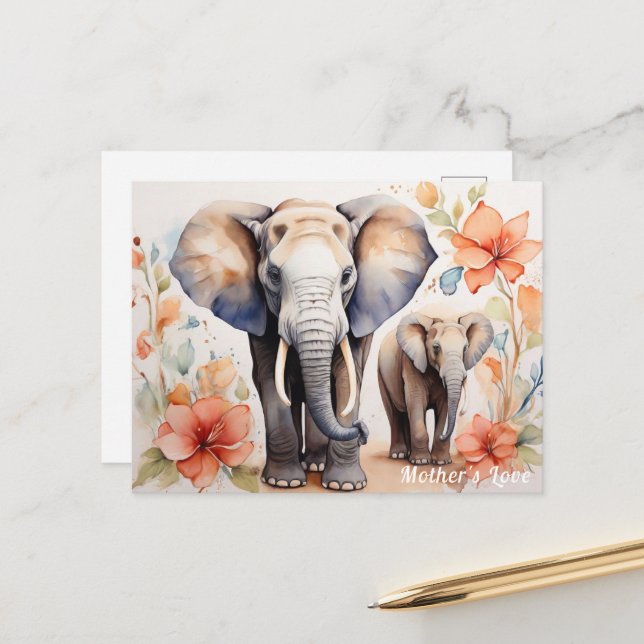Cartão Postal Soletra-Elefante Única, Mãe e Criança, Floral (Frente/Verso In Situ)