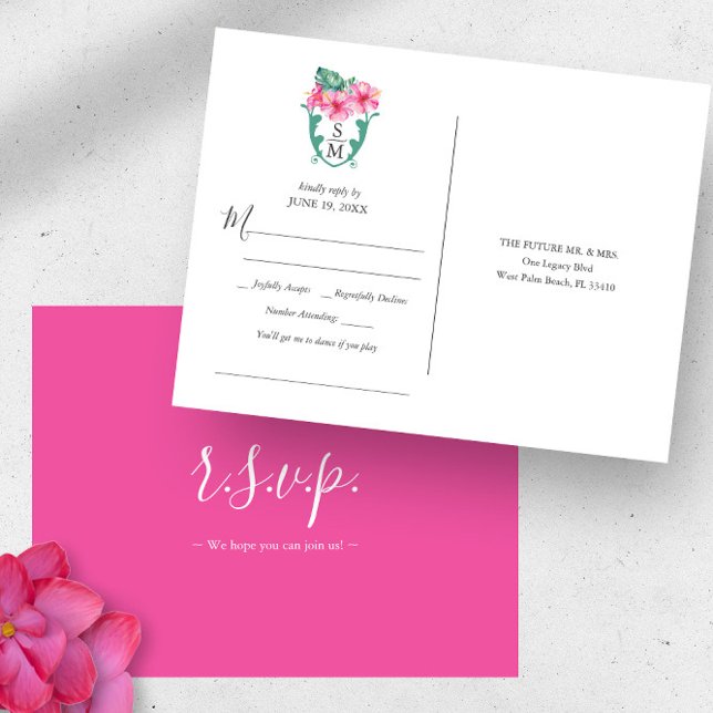 Cartão Postal Solicitação de Música de Casamento de Destino Trop (Monogrammed tropical destination wedding rsvp postcard watercolor art by Victoria Grigaliunas)