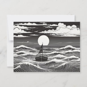 Cartão Postal Solitário veleiro em ondas iluminadas pela lua sob