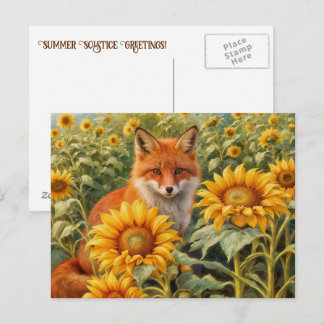 Cartão Postal Solstício de Verão Raposa Vermelha e Girassóis
