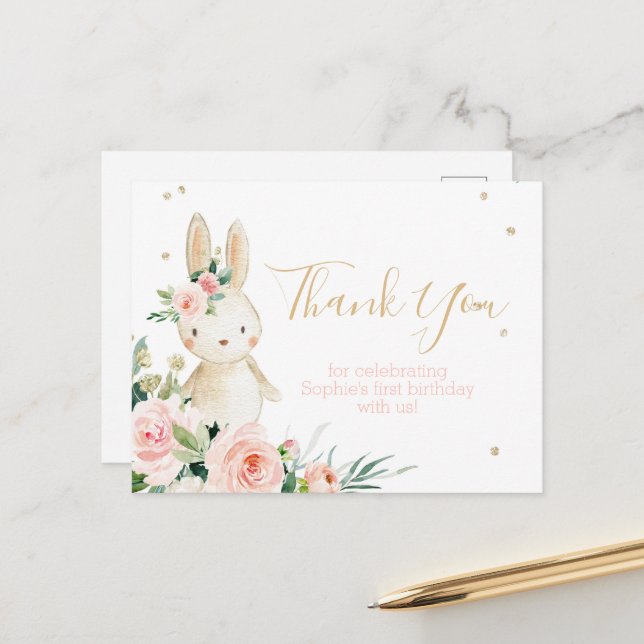Cartão Postal Some Bunny is Turning One First Birthday Thank You (Frente/Verso In Situ)