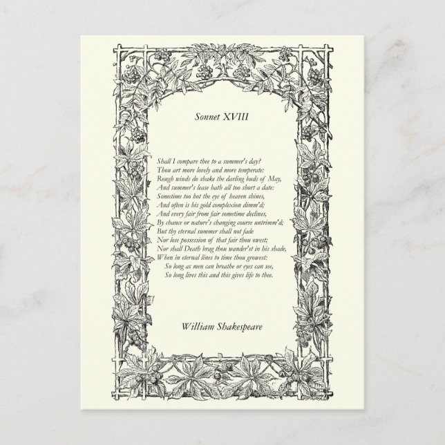 Cartão Postal Soneto #18 de Shakespeare (Frente)