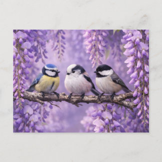 Cartão Postal Songbirds on the Vibrant Wisteria Flower Branch 