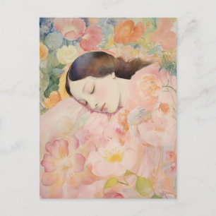 Cartão Postal Sonhando em Flor - Mulher Adormecida em Aquarela