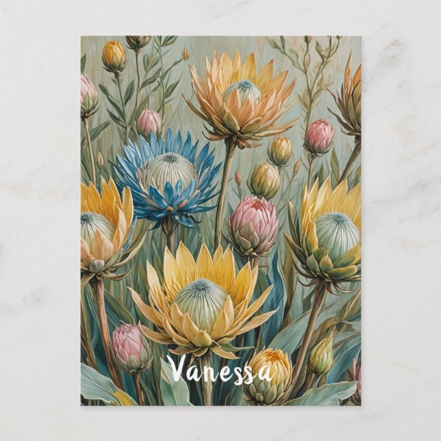 Cartão Postal Sonho com Protea Pastel: Floral Elegante (Frente)