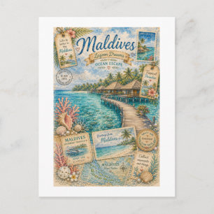 Cartão Postal Sonhos da Lagoa das Maldivas Colagem de Viagem
