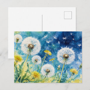 Cartão Postal Sonhos de Dente-de-Leão em Aquarela Floral Geométr