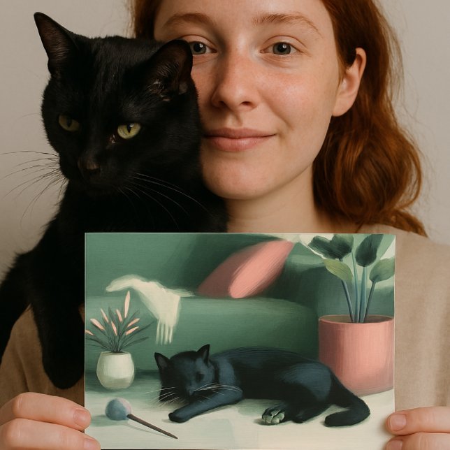 Cartão Postal Sonhos de Gato Negro Dormindo (“For the ones who carry love on their shoulders. A postcard for black cat lovers. AI created)