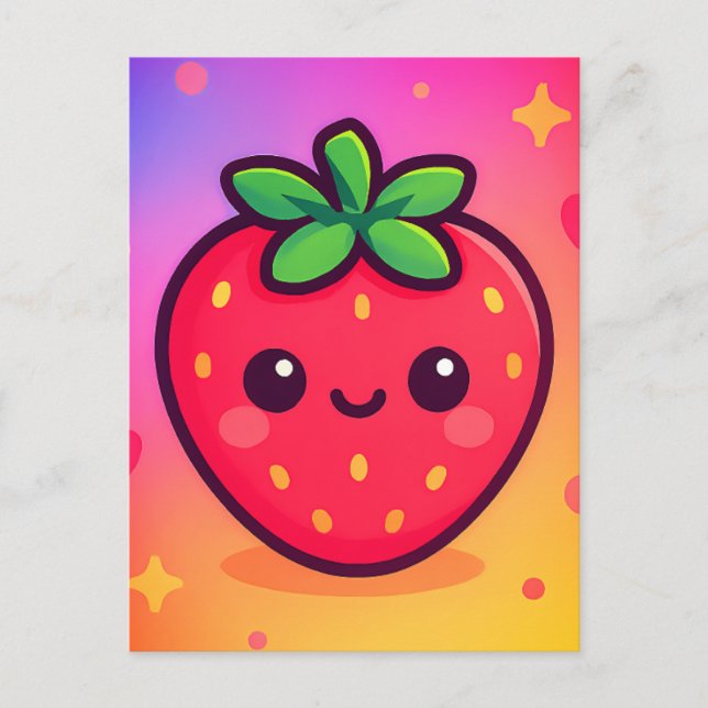 Cartão Postal Sorrindo Kawaii Strawberry no moinho de gradiente  (Frente)