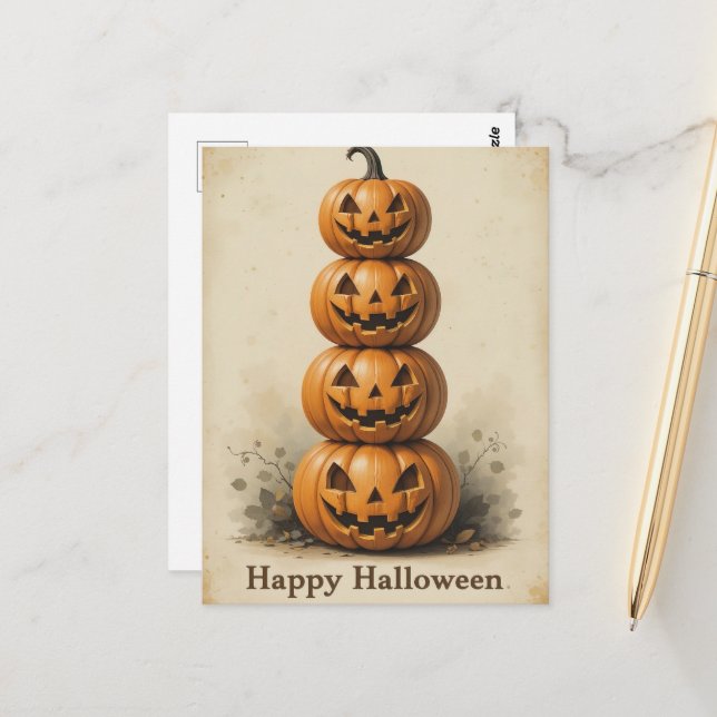 Cartão Postal Sorriso Pumpkin Stack Lighthearted Halloween Diver (Frente/Verso In Situ)