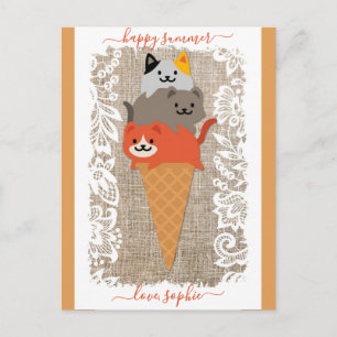 Cartão Postal Sorvete de Gato Bonito Cone Feliz Verão
