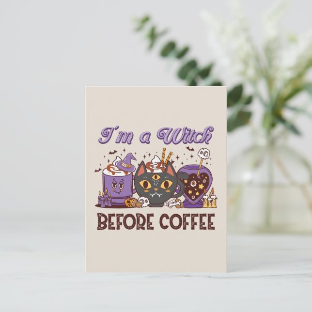 Cartão Postal Sou uma bruxa antes do café, café (Em pé/Frente)