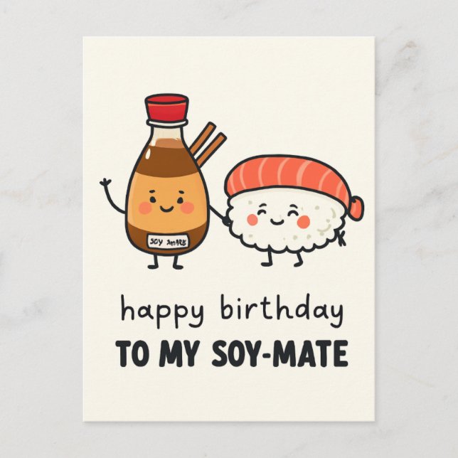 Cartão Postal Soy-Mate Birthday Card – Cute Sushi & Soy Sauce  (Frente)
