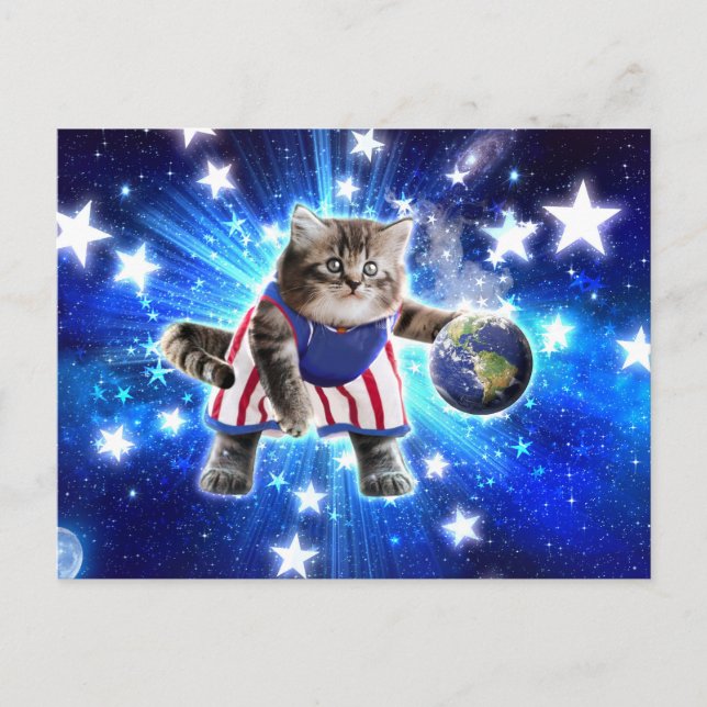Cartão Postal Space cat jogando basquetebol (Frente)