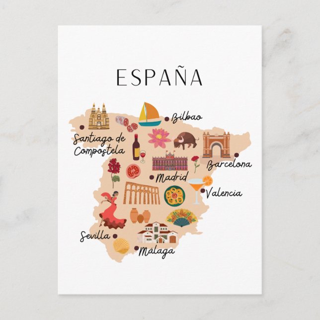 Cartão Postal Spain travel map (Frente)