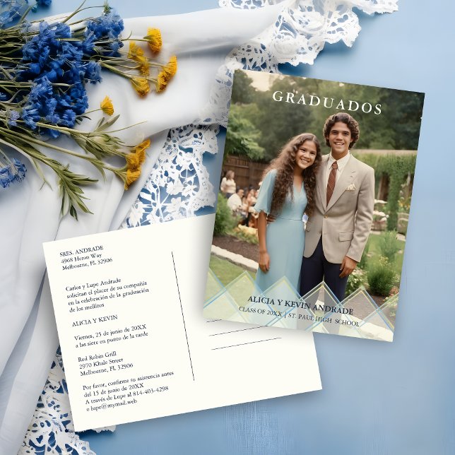 Cartão Postal Spanish Blue Shades Overlay Vellum Shapes Photo (Spanish Blue Shades Overlay Transparency Shapes Photo Graduates Postcard Invitation.)