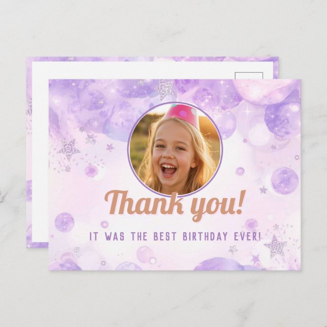 Cartão Postal Sparkly Purple Photo Girls Birthday Party (Frente/Verso)