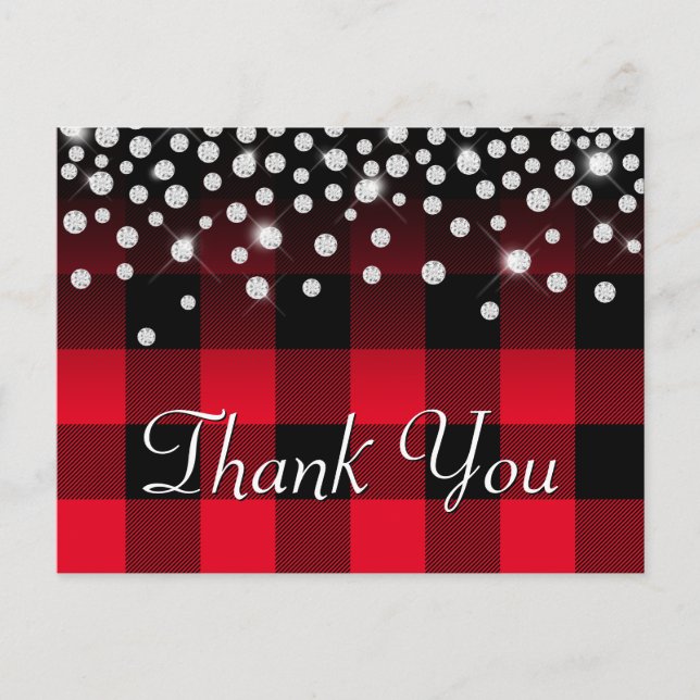 Cartão Postal Sparkly Rhinestone Red Buffalo Plaid Thank You (Frente)