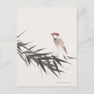 Cartão Postal Sparrow e Folhas de Bambu