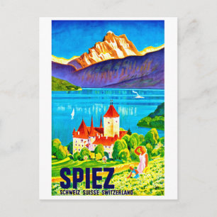 Cartão Postal Spiez, campo verde em frente à cidade Suiça