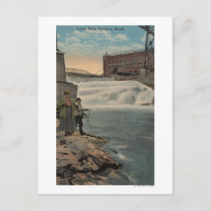Cartão Postal Spokane, WA - Casal Pescando em Lower Falls