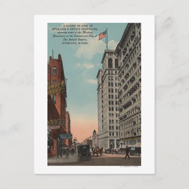 Cartão Postal Spokane, WA - Vista de Centro com Horsecarts (Frente)