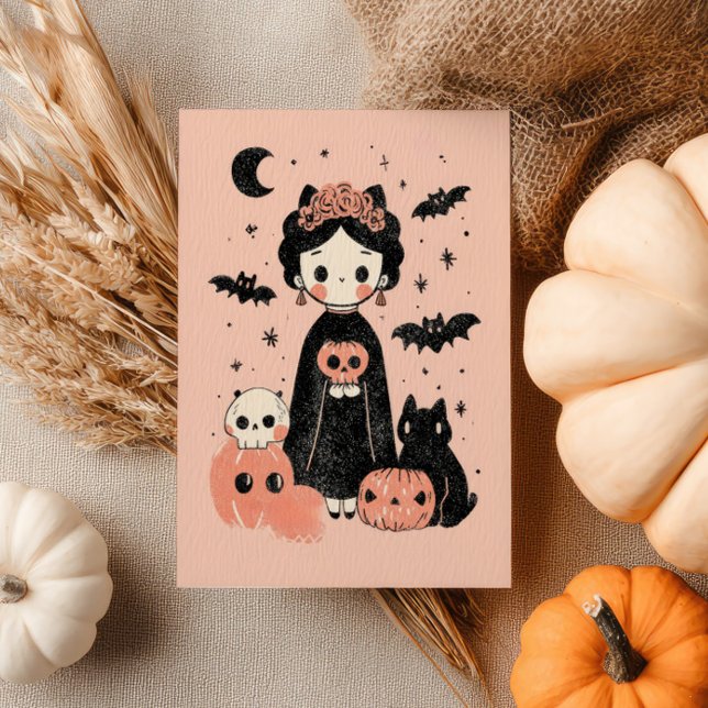 Cartão Postal Spooky Cute Frida Kahlo Retro Pink Halloween (Criador carregado)