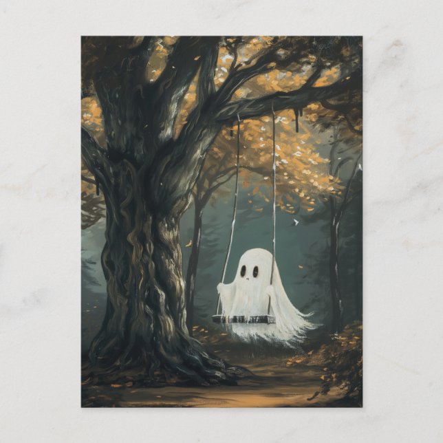Cartão Postal Spooky Ghost no Swing Autumn Halloween (Frente)
