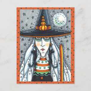 CARTÃO POSTAL SPOOKY HALLOWEEN WITCH, VESTINDO JOIAS DE GATO NEG