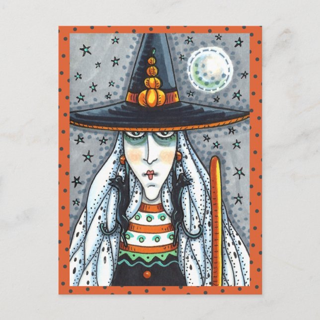CARTÃO POSTAL SPOOKY HALLOWEEN WITCH, VESTINDO JOIAS DE GATO NEG (Frente)