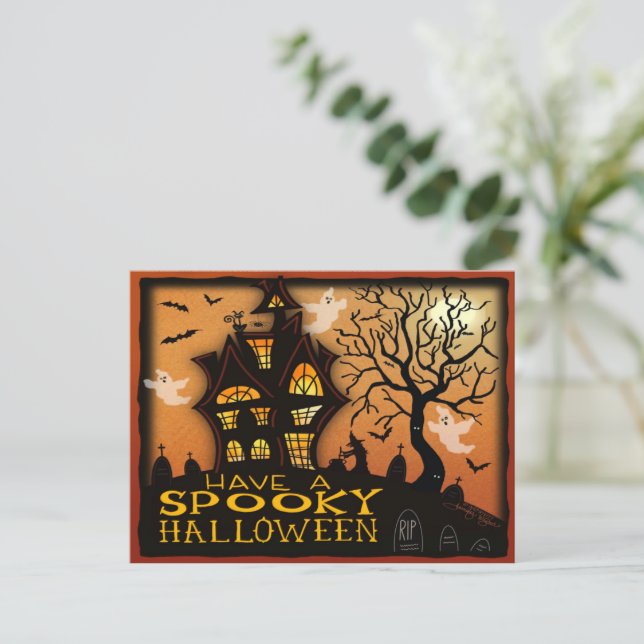 Cartão Postal Spooky Haunted House Bats Ghosts Halloween (Em pé/Frente)