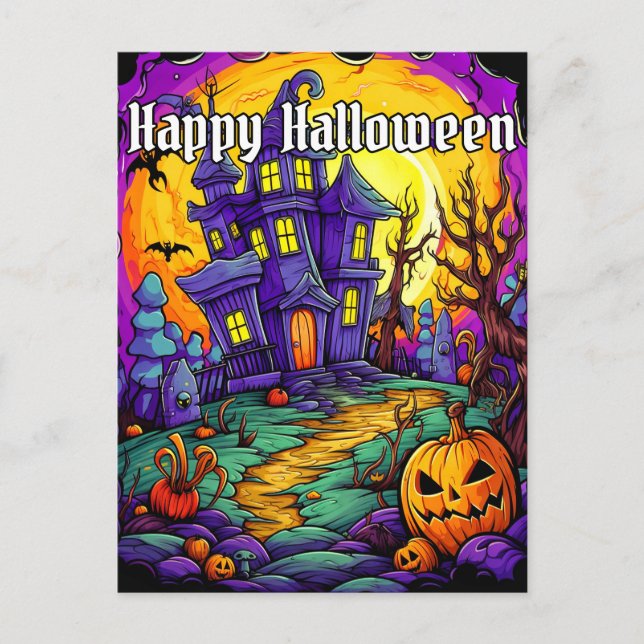 Cartão Postal Spooky Haunted House | Feliz Dia das Bruxas (Frente)