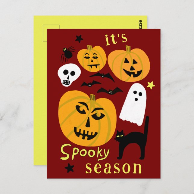 Cartão Postal Spooky Season Pumpkins Ghost Bat HELLOWEEN (Frente/Verso)