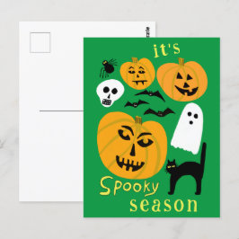 Cartão Postal Spooky Season Pumpkins Ghost Bat HELLOWEEN