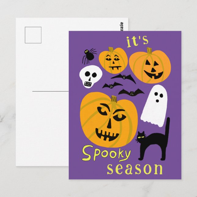 Cartão Postal Spooky Season Pumpkins Ghost Bat HELLOWEEN (Frente/Verso)