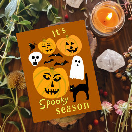 Cartão Postal Spooky Season Pumpkins Ghost Bat HELLOWEEN