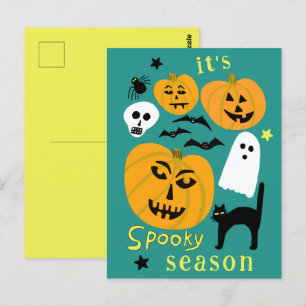Cartão Postal Spooky Season Pumpkins Ghost Bat HELLOWEEN