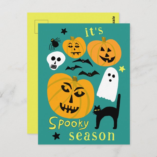 Cartão Postal Spooky Season Pumpkins Ghost Bat HELLOWEEN (Frente/Verso)