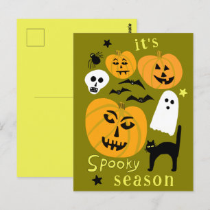 Cartão Postal Spooky Season Pumpkins Ghost Bat HELLOWEEN