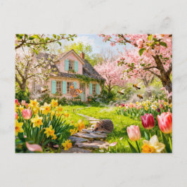 Cartão Postal Spring Cottage with Bees, Hedgehog and Blossoming 