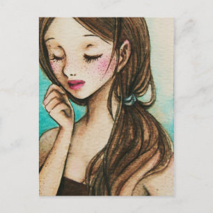 Cartão Postal Spring (cute girl with freckles watercolour art)